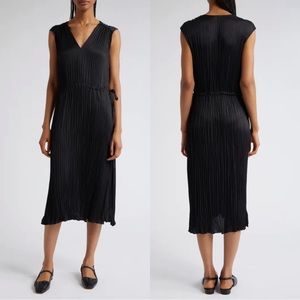 Vince Sleeveless Pleated V-Neck Drawstring Midi Dress Size 2X NWT Black